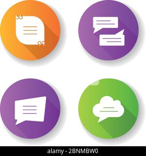 Textbox flat design long shadow glyph icons set. Empty group chat and feedback box. Blank speech bubbles. Online communication and notification. Silhouette RGB color illustration Stock Vector