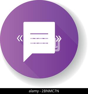 Chat bubble with angle quotes purple flat design long shadow glyph icon. Empty square box for direct speech. Blank dialogue balloon with quotation marks. Silhouette RGB color illustration Stock Vector
