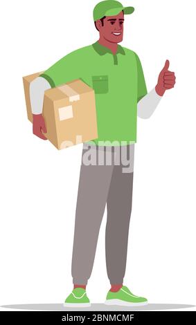 Cargo delivery semi flat RGB color vector illustration. Deliveryman holding cardboard box. Courier with parcel. African american postman in green uniform isolated cartoon character on white background Stock Vector