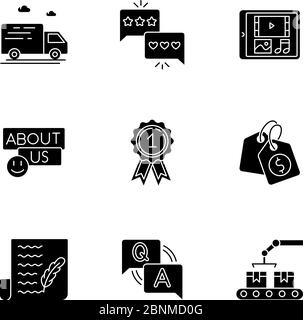 Social media presence black glyph icons set on white space. Delivery services. Feedback, review. Digital media. Contact info. Reward winner. Price tag. Silhouette symbols. Vector isolated illustration Stock Vector