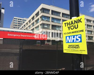 NHS, London, UK -9/05/2020: NHS Guys & St. Thomas Hospital during coronavirus lockdown thank you sign outside emergency ER department hospital where Boris Johnson PM was treated f coronavirus - stock photo Stock Photo