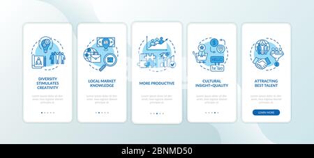 Multicultural team onboarding mobile app page screen with concepts. Effective company development walkthrough 5 steps graphic instructions. UI vector template with RGB color illustrations Stock Vector