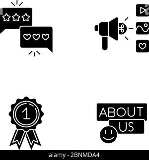 Corporate social media black glyph icons set on white space. Excellent feedback. Good review. Digital campaign. Reward for first place winner. Silhouette symbols. Vector isolated illustration Stock Vector