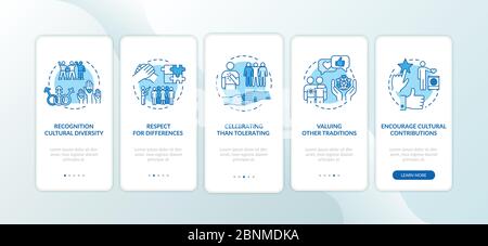 Multi racial respect onboarding mobile app page screen with concepts. Multi national unity walkthrough 5 steps graphic instructions. UI vector template with RGB color illustrations Stock Vector