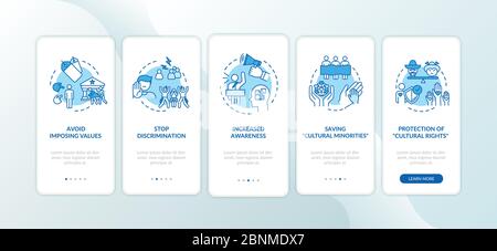 Protect ethnic minority onboarding mobile app page screen with concepts. Multiculturalism appreciation walkthrough 5 steps graphic instructions. UI vector template with RGB color illustrations Stock Vector