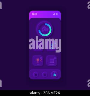 Automated home application smartphone interface vector template. Mobile app page dark design layout. Home management screen. Flat UI for application. Smart security, climate control on phone display Stock Vector