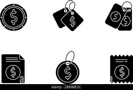 Price tags black glyph icons set on white space. Label for purchased merchandise. E commerce and distribution of products. Boutique shop receipt. Silhouette symbols. Vector isolated illustration Stock Vector