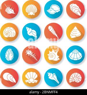 Seashells flat design long shadow glyph icons set. Different mollusk shells, conchology Decorative ocean souvenirs. Various sea shells collection silhouette RGB color illustrations Stock Vector