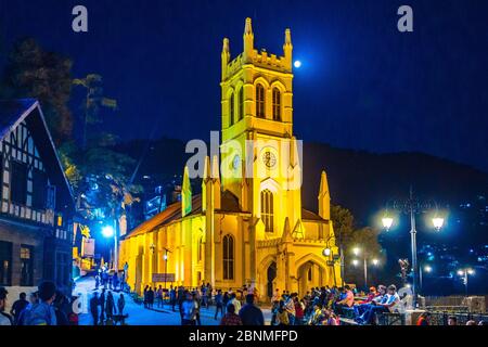 Christ Church on Shimla mall road in night in Himachal Pradesh. The appearance of the church and its stunning location makes it prime place to visit. Stock Photo