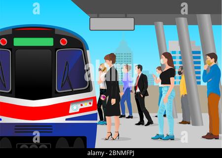 People queuing up to keep their distance while waiting for the sky train. Stock Photo