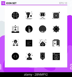 Set of 16 Commercial Solid Glyphs pack for coding, encryption, chair, device, chip Editable Vector Design Elements Stock Vector