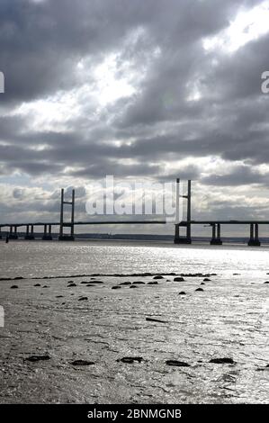 The Prince of Wales Bridge viewed from the Wales Coast Path at Blackrock, near Portskewett. Stock Photo