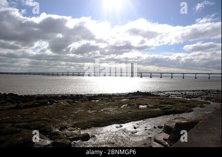 The Prince of Wales Bridge viewed from the Wales Coast Path at Blackrock, near Portskewett. Stock Photo