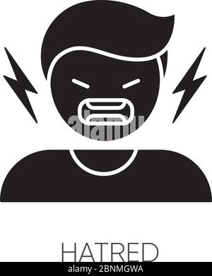 Hatred black glyph icon. Man aggressively shout. Person yell from irritation. Negative intense emotion. Feeling of rage. Silhouette symbol on white space. Vector isolated illustration Stock Vector