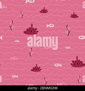 fish and coral seamless vector pattern in pink Stock Vector
