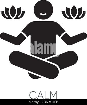 Calm black glyph icon. Man sit in lotus pose. Meditation for mental health. Concentrate on psychological wellbeing. Yoga for relaxation. Silhouette symbol on white space. Vector isolated illustration Stock Vector