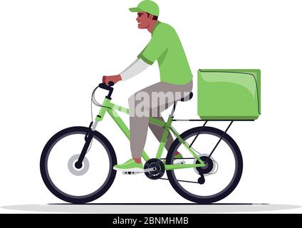 Home parcel delivery semi flat RGB color vector illustration. African american courier on bicycle. Delivery man on bike in green uniform isolated cartoon character on white background Stock Vector