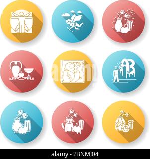 Art movements flat design long shadow glyph icons set. Artworks in surrealism, neoclassicism styles. Impressionism, expressionism and classicism painting. Silhouette RGB color illustration Stock Vector