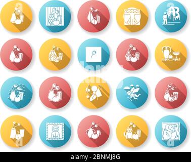 Art movements flat design long shadow glyph icons set. Still life artwork in medieval, modern styles. Impressionism, expressionism and realism painting. Silhouette RGB color illustration Stock Vector