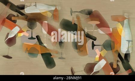 Glasses and wine bottles are seen in abstract motion and color in this illustration Stock Vector