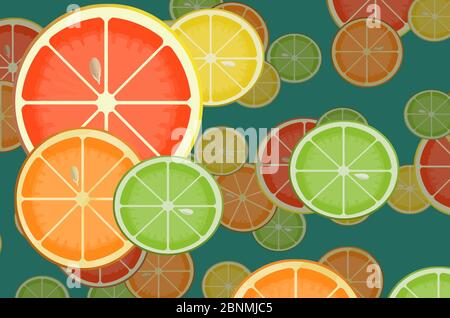 Here is an illustration showing citrus fruit slices isolated on a blue background. Stock Vector