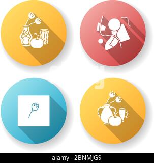 Art movements flat design long shadow glyph icons set. Modern paintings exhibition. Art nouveau, abstractionism and minimalism styles. Silhouette RGB color illustration Stock Vector