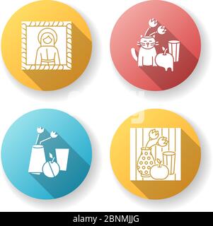 Art movements flat design long shadow glyph icons set. Surrealism and cubism styles. Medieval portrait and pop art still life paintings. Silhouette RGB color illustration Stock Vector
