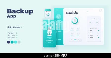 Backup app screen vector adaptive design template. Cloud storage application day mode interface with flat characters. Personal internet database smartphone, tablet, smart watch cartoon UI Stock Vector