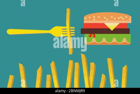 Here is a stylized image of a hamburger and french fries isolated on a white background. Stock Vector