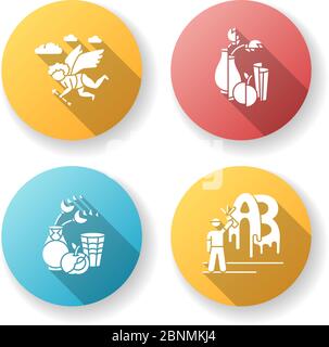 Art movements flat design long shadow glyph icons set. Avant garde and classicism cultural periods. Street art. Futurism style still life painting. Silhouette RGB color illustration Stock Vector