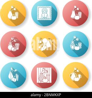 Cultural movements flat design long shadow glyph icons set. Futurism, abstractionism, art nouveau art styles. Avant garde, realism painting. Silhouette RGB color illustration Stock Vector