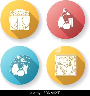 Cultural movements flat design long shadow glyph icons set. Renaissance and modern European art styles. Realism and expressionism paintings. Silhouette RGB color illustration Stock Vector