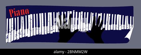 Silhouetted hands play on a grunge covered keyboard in this vector illustration about piano Stock Vector