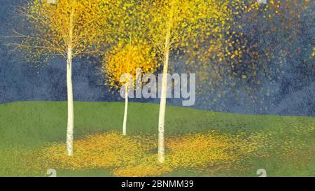 Here is a digital, computer drawn image of  Aspen trees blowing in the autumn wind and losing leaves on in front of a dark sky. Stock Vector