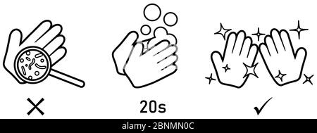 Wash your hands for 20 seconds with soap to kill germs and viruses icon. Can be used during coronavirus covid-19 virus outbreak prevention Stock Vector