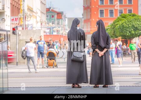 Wroclaw, Poland - June 21, 2019: Two nuns in downtown of famous Polish city Vroclav Stock Photo