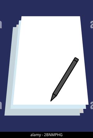 A stack of white sheets of paper and a writing pen. Stock Vector