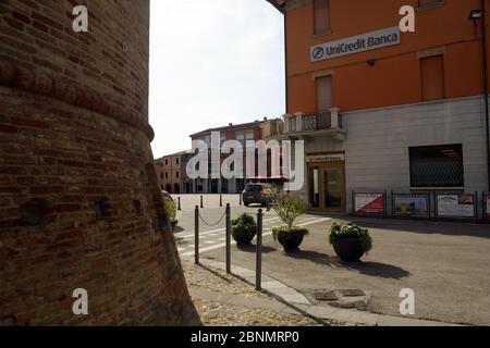 View of the central square of the city. UniCredit Bank. Forlimpopoli, Emilia-Romagna, province of Forlì-Cesena, Italy. Stock Photo