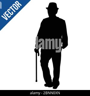 Old man silhouette with stick on white background, vector illustration Stock Vector