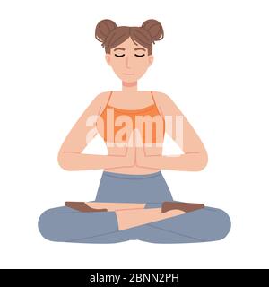 Cute girl in lotus asana with joined hands and closed eyes. Meditation, mental health, relaxation, yoga,fitness, stress management concept. Stock Stock Vector