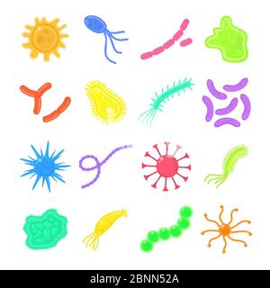 Colourful bacteria,microbe,probiotic virus, cells and bacillus set. Health, flu,disease, illness, probiotic concept. Stock vector illustration Stock Vector