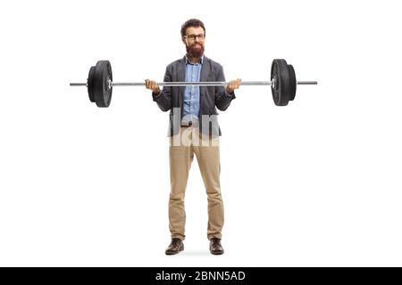Full length portrait of a bearded man in formal clothes lifting weights isolated on white background Stock Photo