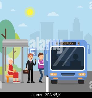 Public autobus station with passengers wich sit in the bus Stock Vector