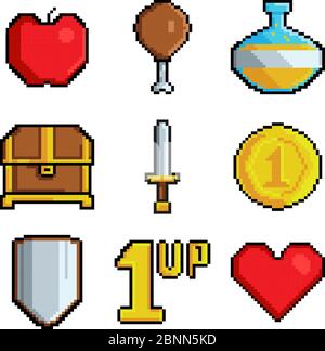 Pixel games icons. Various stylized symbols for video games Stock Vector