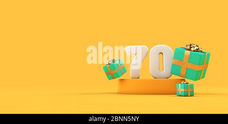Happy 70th birthday number and gifts on a yellow podium. 3D Render Stock Photo
