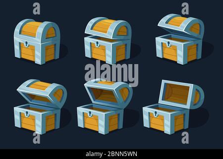 Various key frames animation of wooden chest or box. Vector cartoon pictures Stock Vector