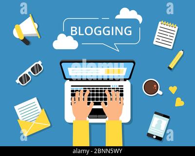 Blogging concept picture. Hands on laptop and various tools for writers around Stock Vector