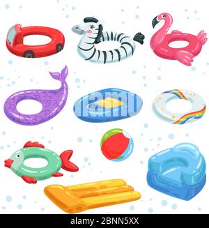 Various rubber equipment for water park. Vector pictures of inflatable toys Stock Vector