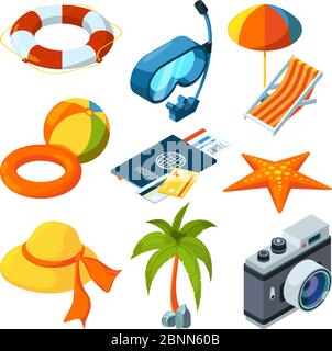 Summer travel isometric. Vector pictures of set Stock Vector