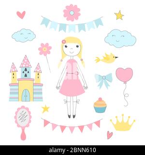 Hand drawn pictures for kids. Princess with her fairy tale castle Stock Vector